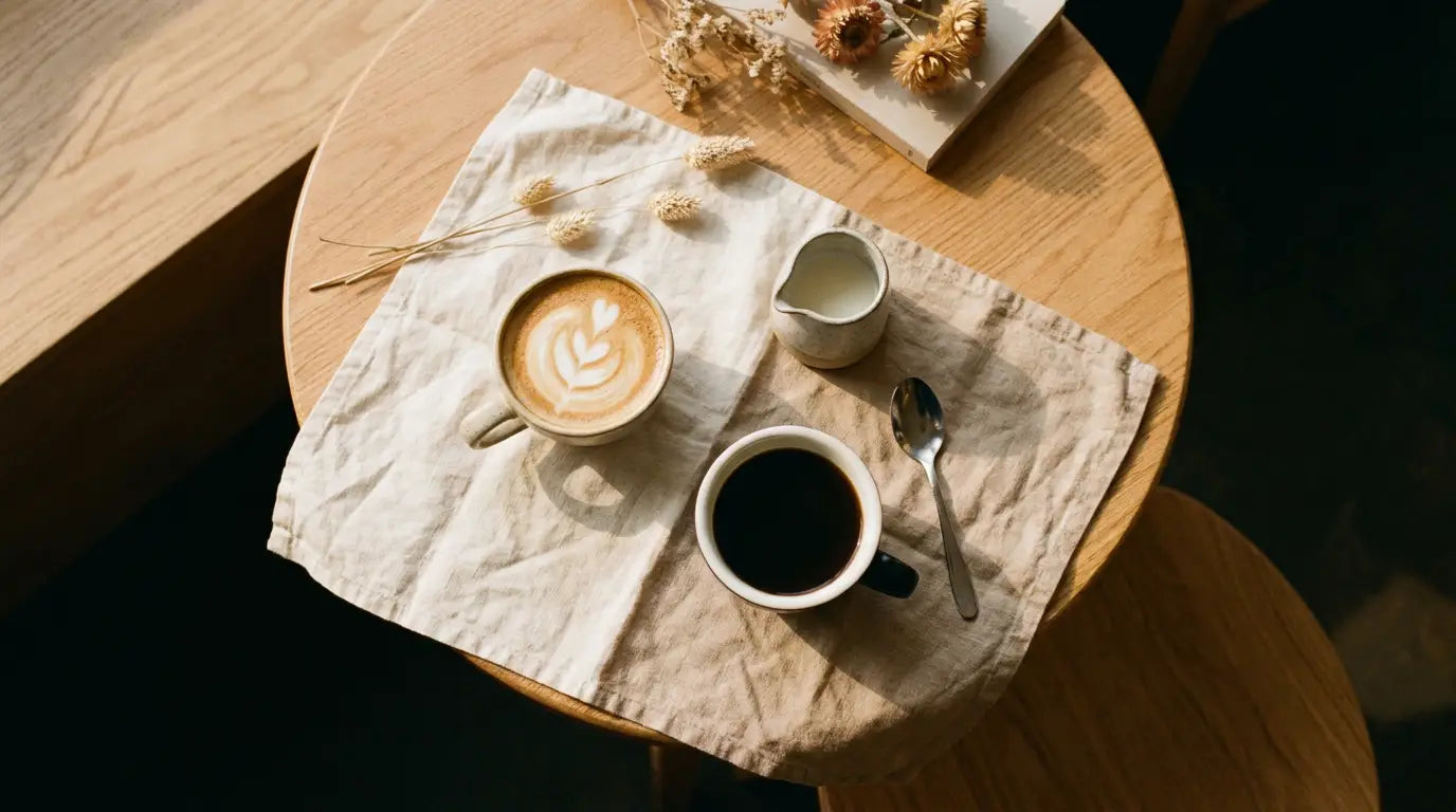 Overhead view of a small cafe table in afternoon light: two cups of coffee, a linen napkin, a few dried stems.