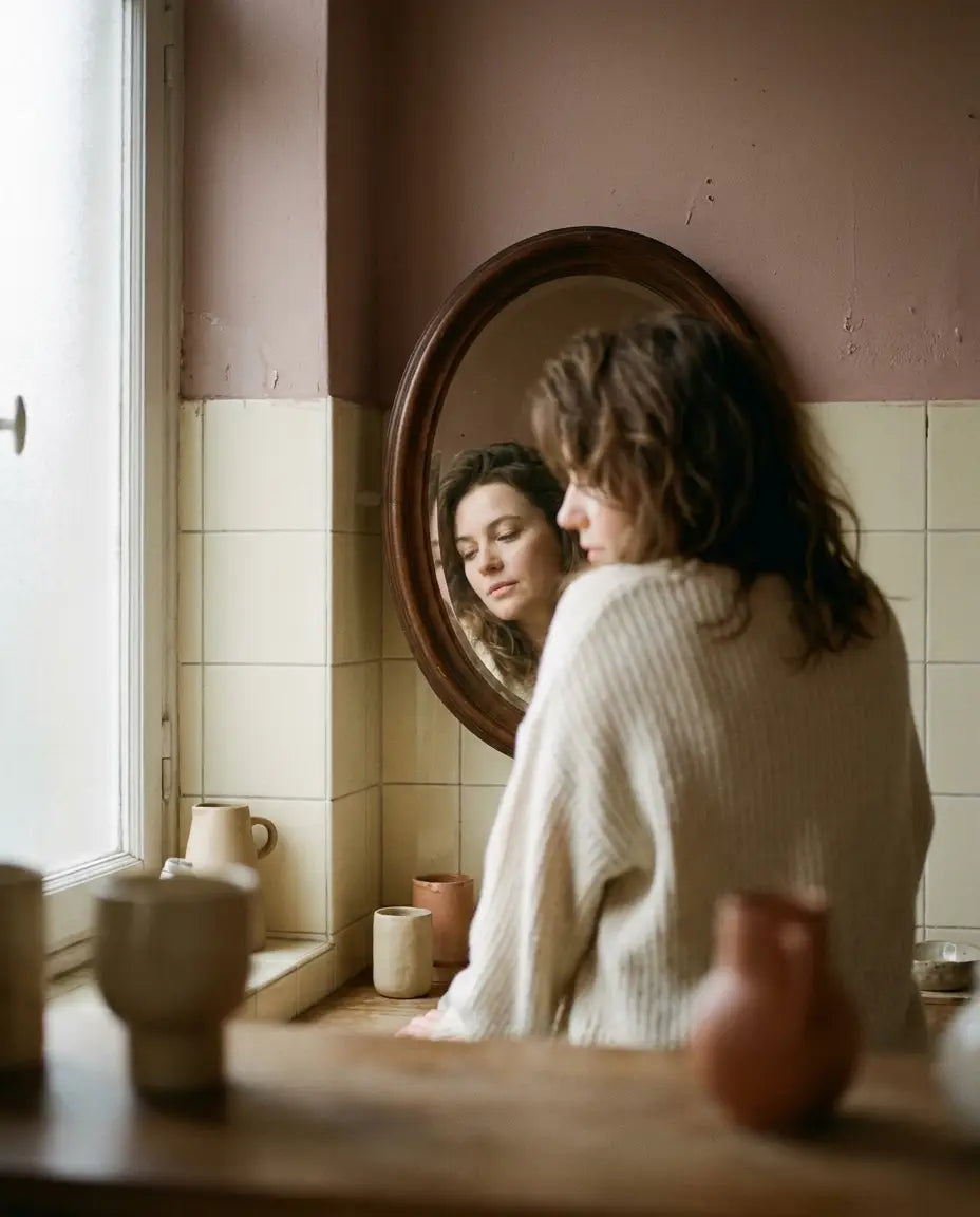 A woman turned toward a bathroom mirror in soft morning light, her own face reflected back at her.