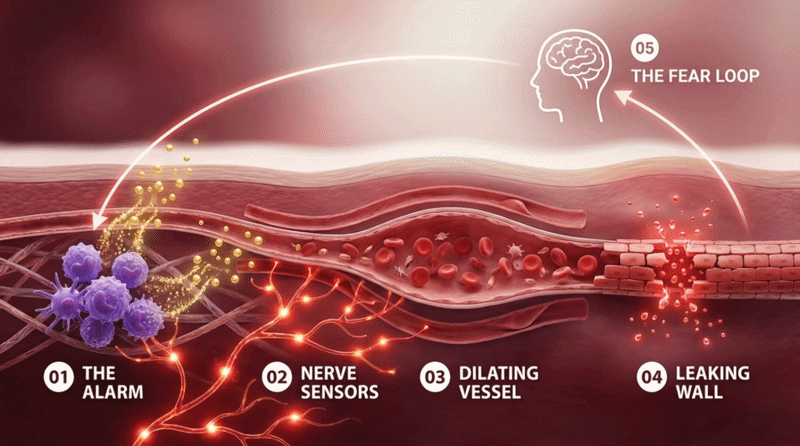 Cross-section of skin showing the five-step loop: the alarm, the nerve sensors, the dilating vessel, the leaking wall, and the fear loop returning to the start.