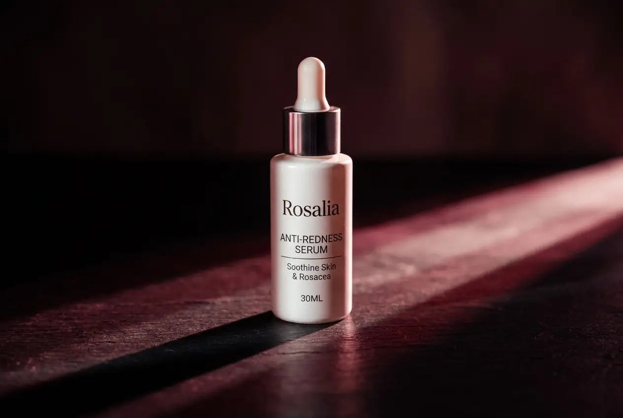 A close-up of the Daily Reset Serum under dramatic side light, deep wine and rose shadows, dropper poised.