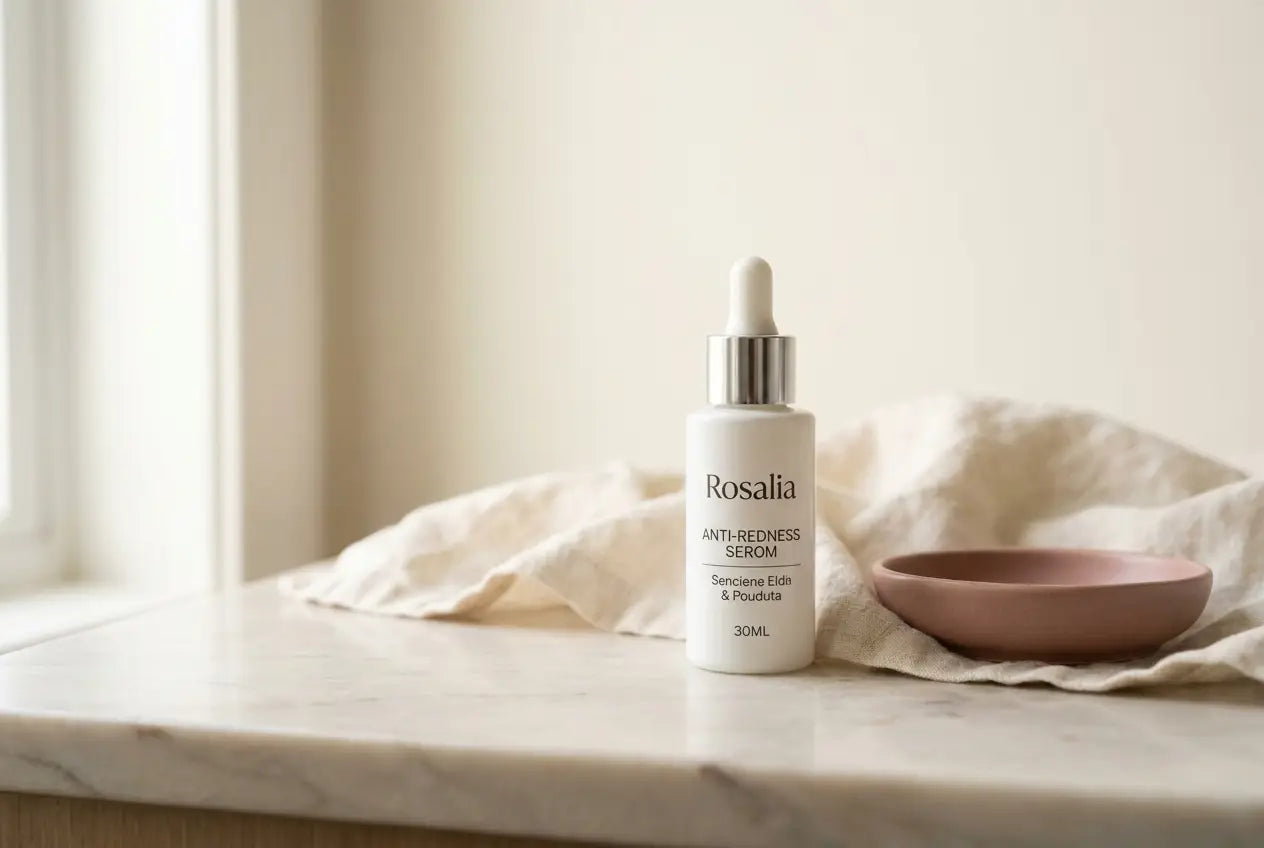 The Daily Reset Serum, a frosted-glass dropper bottle, on a marble counter in soft window light.