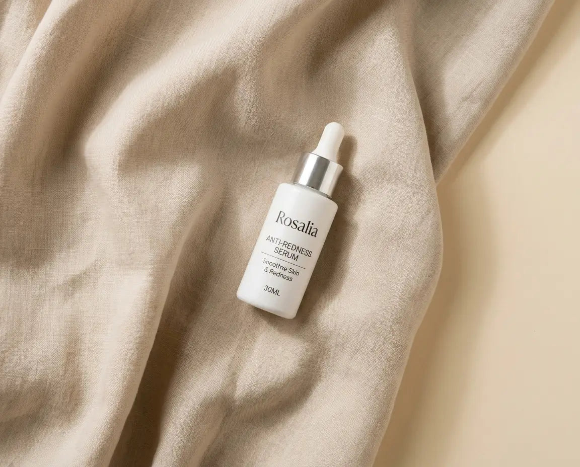 The Daily Reset Serum resting on natural linen against a neutral cream backdrop, soft overhead light.