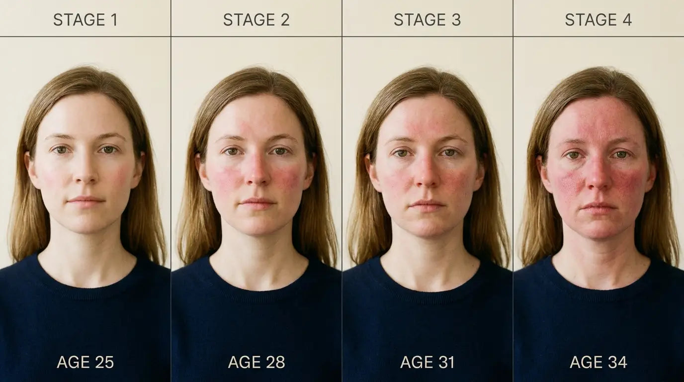 The same woman photographed at ages 25, 28, 31 and 34: her facial redness deepens across the four stages, from a faint flush on the cheekbones to persistent deep redness across the face.