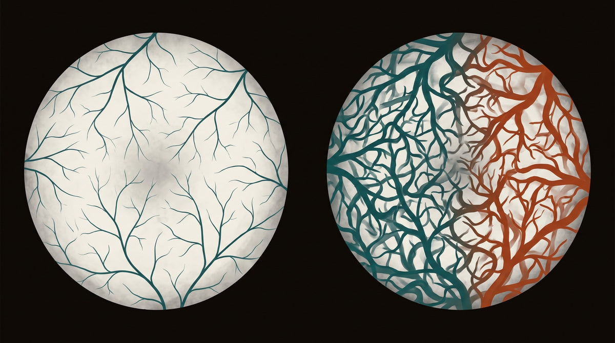 Illustration of two capillary beds: the left fine and evenly branched, the right denser, wider and more tortuous.
