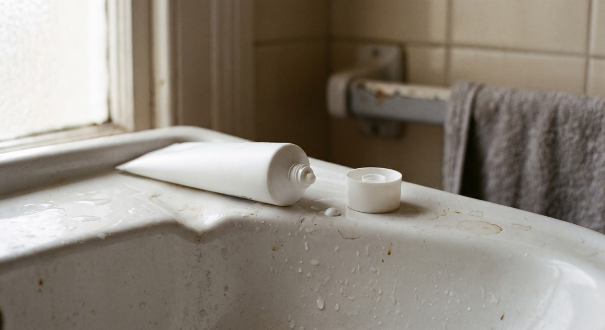 A pair of hands squeezing a plain white tube over a bathroom sink, one hand holding the small cap.