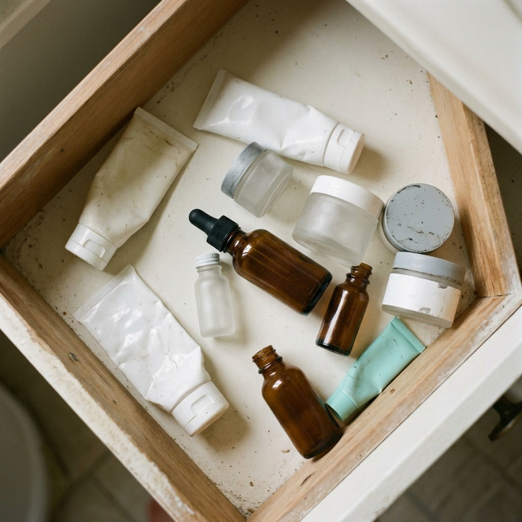 Overhead view of an open bathroom drawer holding nine or ten unlabelled skincare tubes, jars and bottles, one amber dropper bottle on its side in the middle.