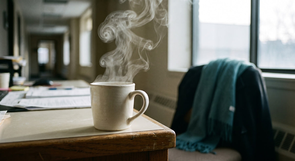 A woman in a grey long-sleeve top in an office corridor, holding a steaming ceramic mug close under her chin with both hands, looking down.