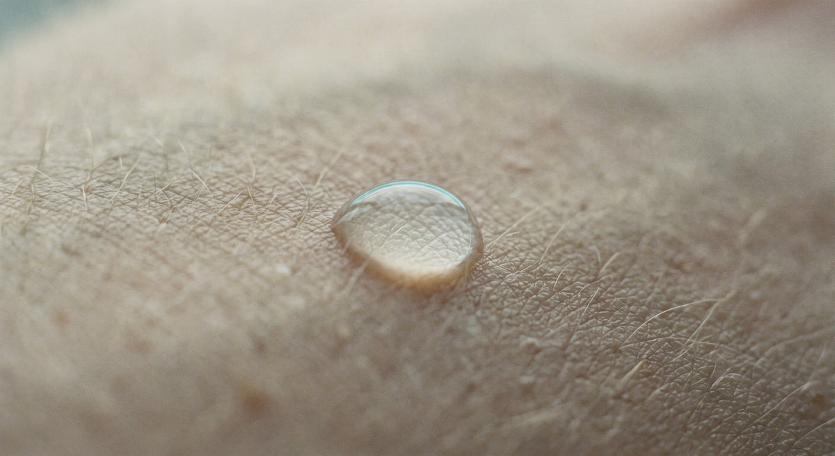Extreme close-up of skin with a droplet of clear serum on the surface, edged with a faint cool highlight.