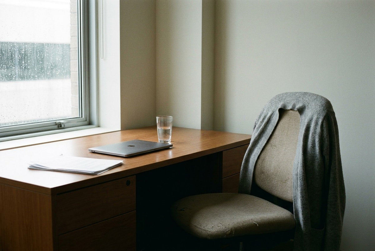 An empty desk beside an office window in late afternoon light