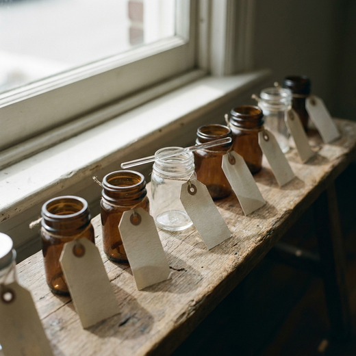 A row of small amber and clear sample jars with blank paper tags tied on, on a worn wooden bench