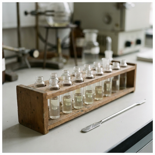 A wooden rack of small glass sample vials on a laboratory bench with a spatula set down beside it
