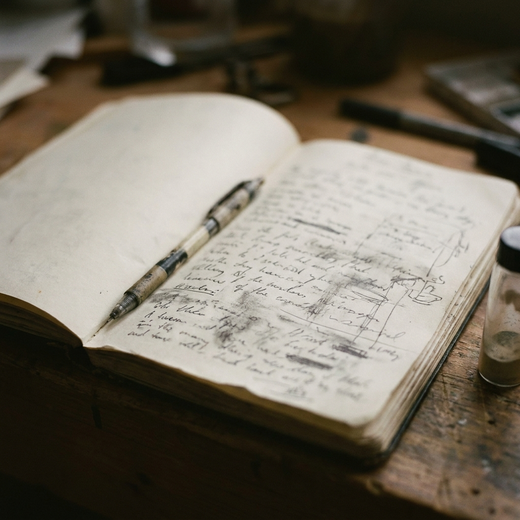 An open notebook of handwritten formulation notes on a workbench beside a pen