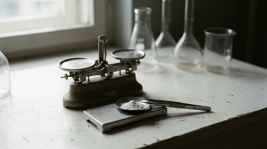 A precision laboratory balance on a white bench with a pinch of powder in the weighing dish and tweezers beside it