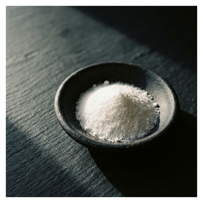 A shallow dark dish of fine white azelaic acid powder on a slate surface