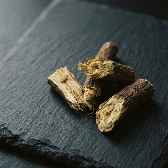 Cut lengths of dried licorice root on a dark slate slab