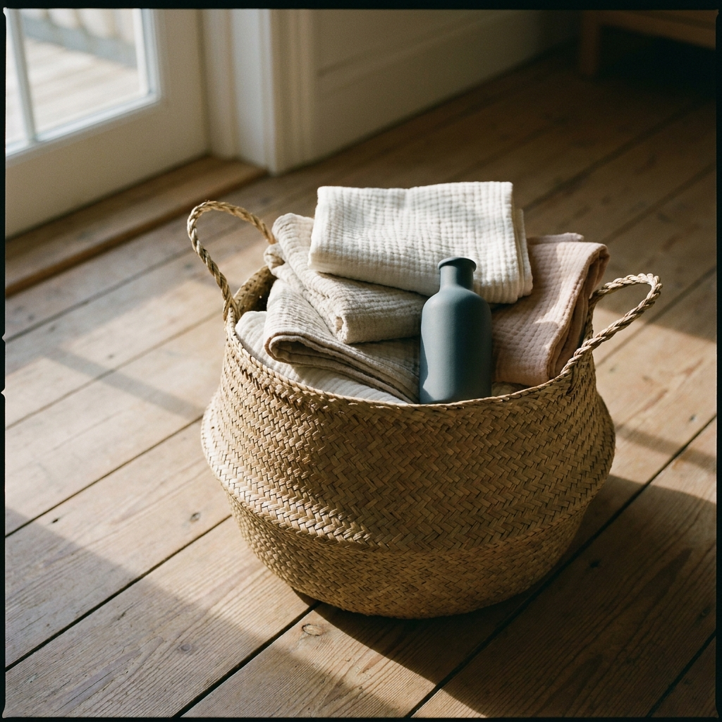 A woven basket of folded muslin cloths on bedroom floorboards with a small bottle resting on top
