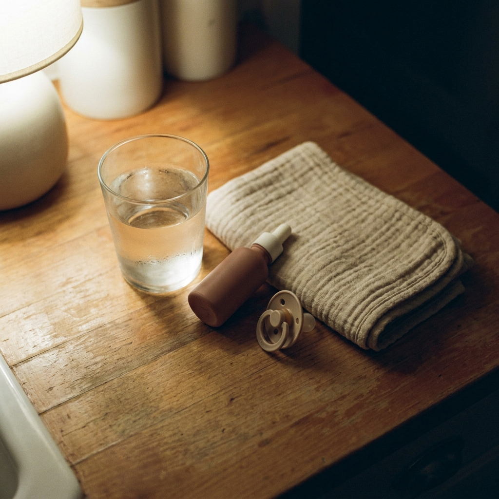 A kitchen table at night: a half-drunk glass of water, a burp cloth, a pacifier and a small dropper bottle under lamplight