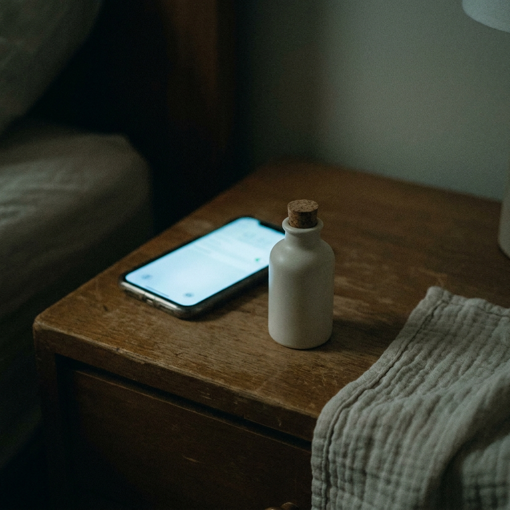 A bedside table at night: a phone face-up and glowing, a small unlabelled bottle and a folded muslin cloth