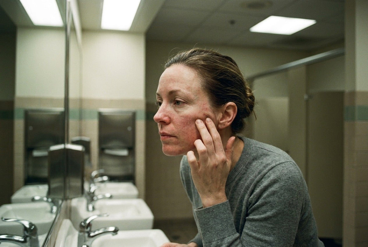 A woman leaning close to a corporate bathroom mirror under fluorescent light, pulling her cheek taut with two fingers, no makeup.