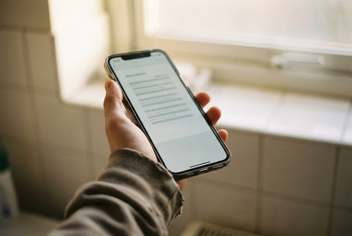 One hand holding a phone up to warm morning bathroom light, the screen showing a pale document with blurred illegible text. No face in frame.