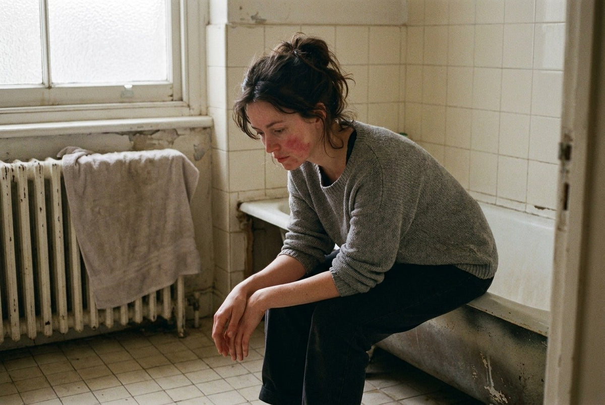 A woman sitting on the edge of a bathtub in an ordinary bathroom in soft daylight, elbows on knees, looking down and away. Visible redness across the cheeks and chin, no makeup.