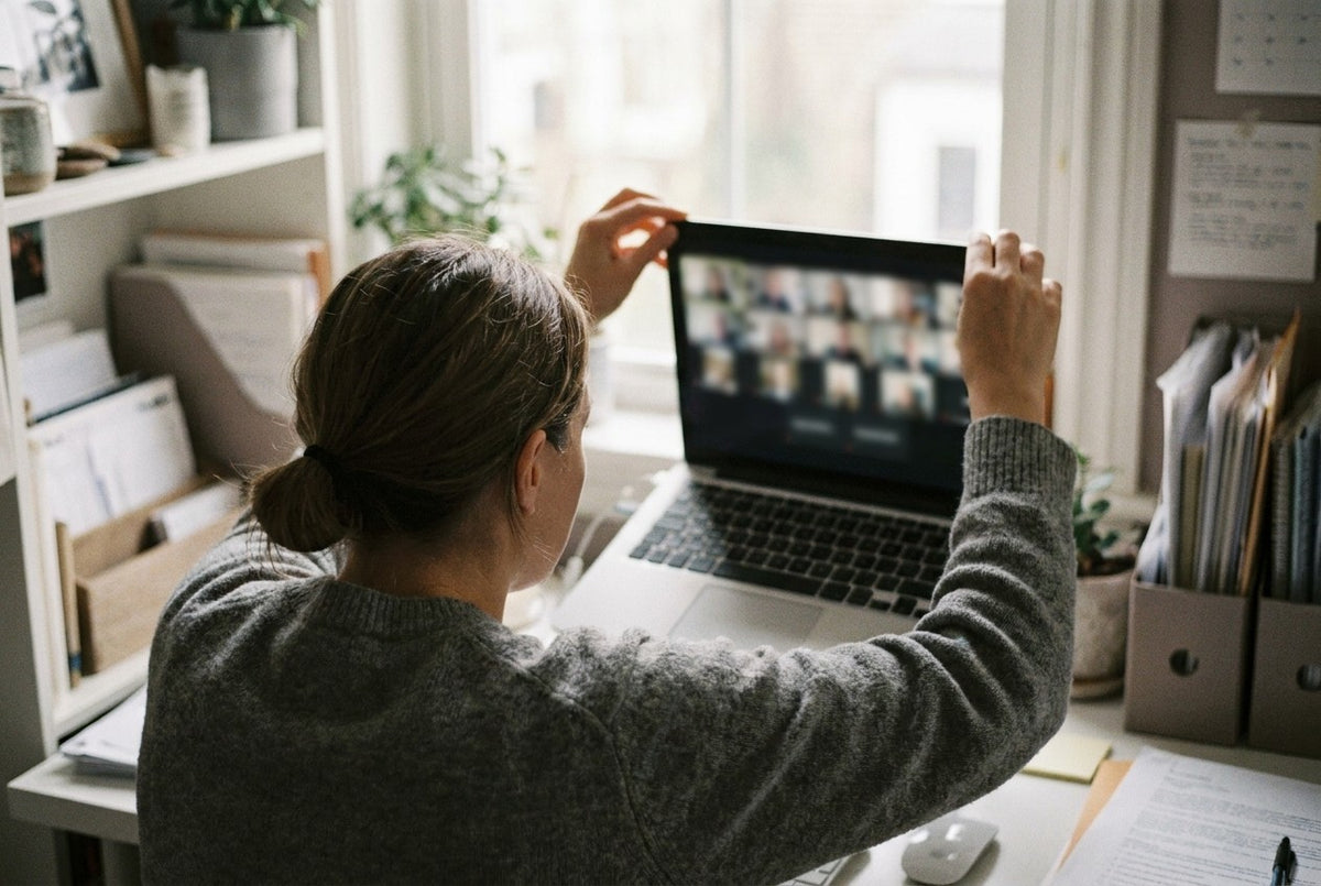 Seen from behind, a woman at a desk reaching up to tilt her laptop screen downward during a video call, the call grid blurred.