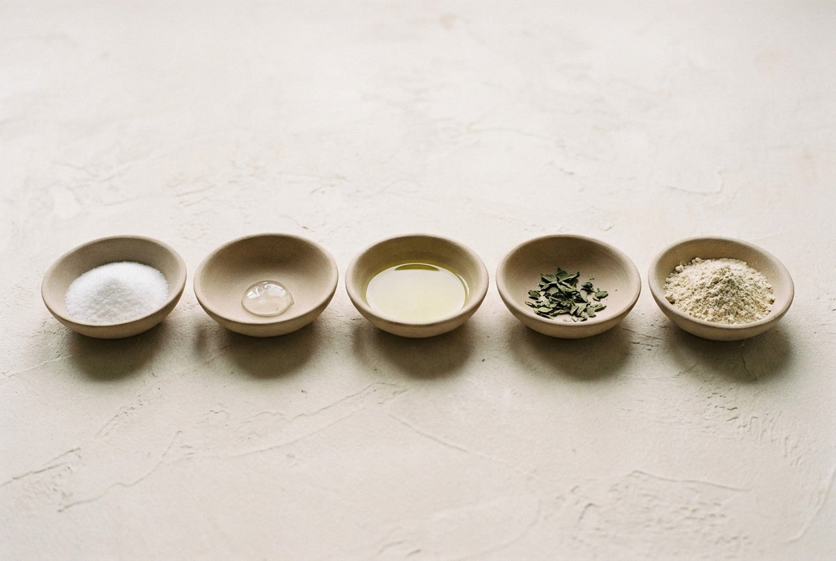 Five shallow ceramic dishes in a row on warm plaster, each holding one raw material: white crystalline powder, a clear gel drop, a pale yellow liquid, dried green leaf, a piece of dried root.