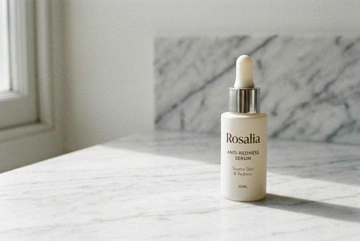The Daily Reset Serum, a frosted-glass dropper bottle, on a marble counter in soft window light.