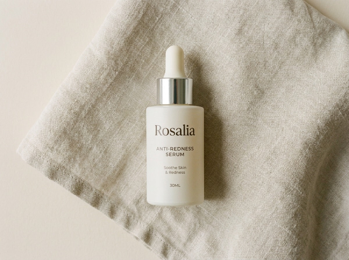 The Daily Reset Serum resting on natural linen against a neutral cream backdrop, soft overhead light.