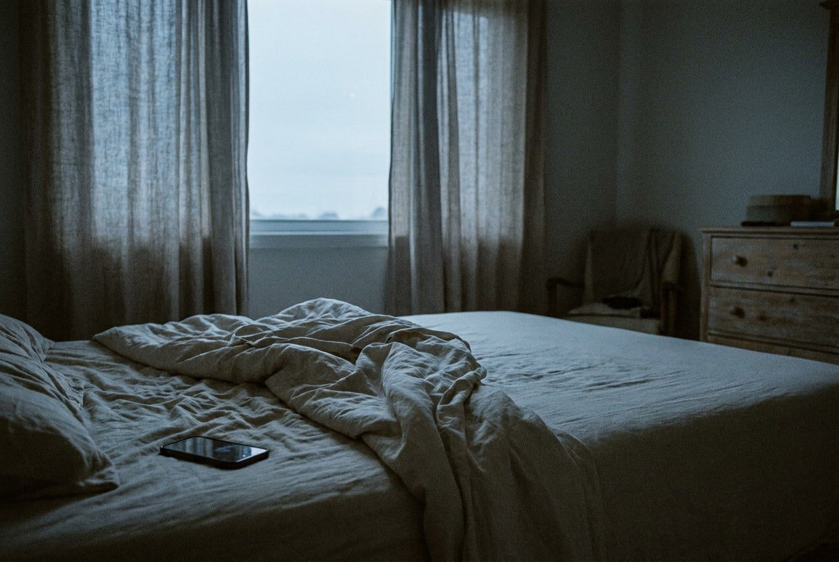 A bedroom at first light, bed unmade, phone face-down on the sheet